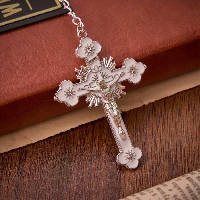 Christianartworkshop Airy Pale Blue Cat's Eye Car Rosary with St. Benedict Medal & White Enamel Crucifix - image 8