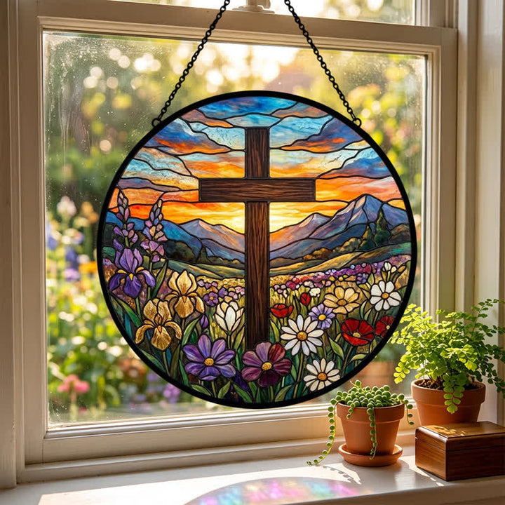 Christianartworkshop Sunrise Meadow Cross Glass Suncatcher: Emblem Of Radiant Heavenly Hope - image 2