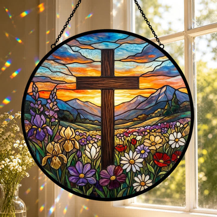 Christianartworkshop Sunrise Meadow Cross Glass Suncatcher: Emblem Of Radiant Heavenly Hope - image 0