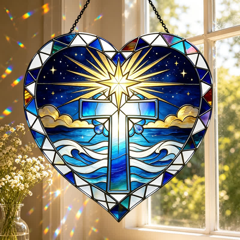Christianartworkshop Elegant Heart Outline Cross Glass Suncatcher: Emblem Of Warm Sacred Grace - image 0