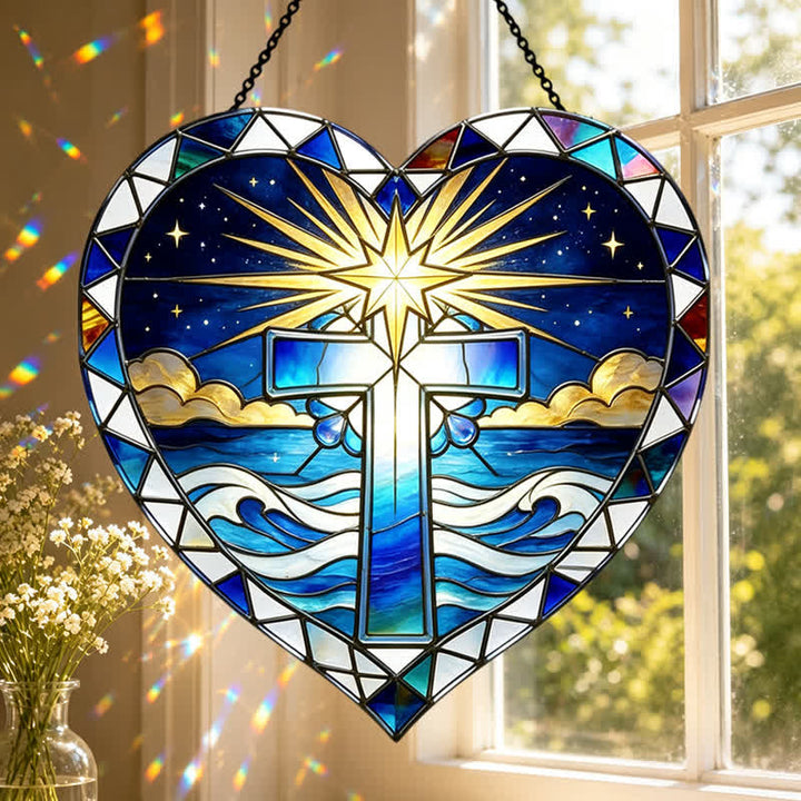 Christianartworkshop Elegant Heart Outline Cross Glass Suncatcher: Emblem Of Warm Sacred Grace - image 0