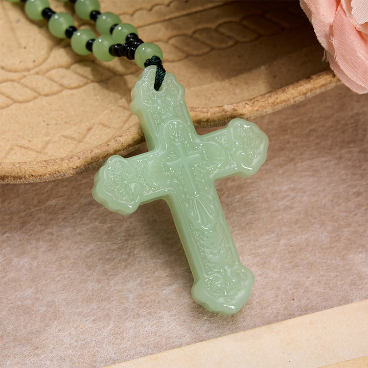 Christianartworkshop Textured Glass Cross Pendant With Beaded Strand: Emblem of Serene Divine Grace - Light Green - image 18