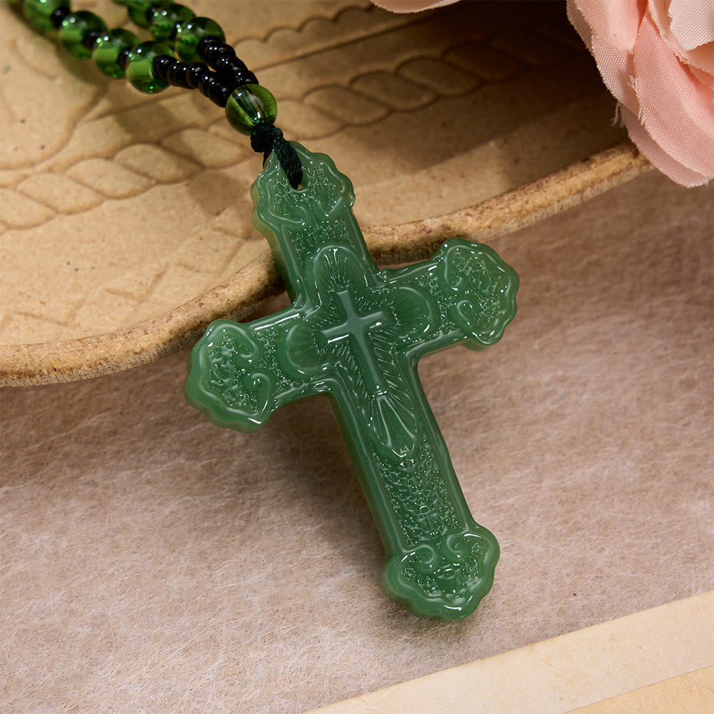 Christianartworkshop Textured Glass Cross Pendant With Beaded Strand: Emblem of Serene Divine Grace - Dark Green - image 9