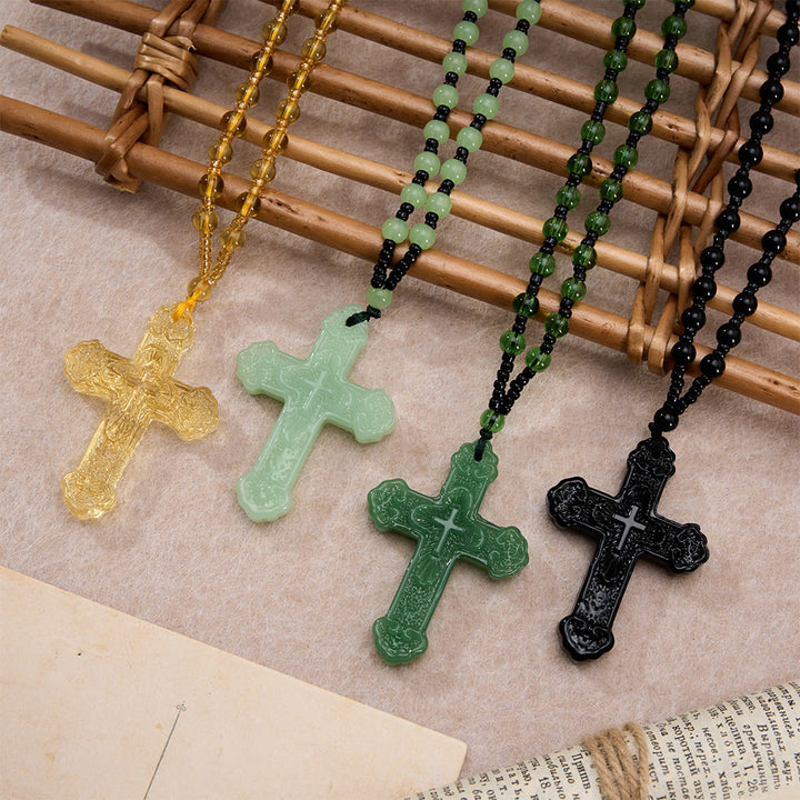 Christianartworkshop Textured Glass Cross Pendant With Beaded Strand: Emblem of Serene Divine Grace - image 1