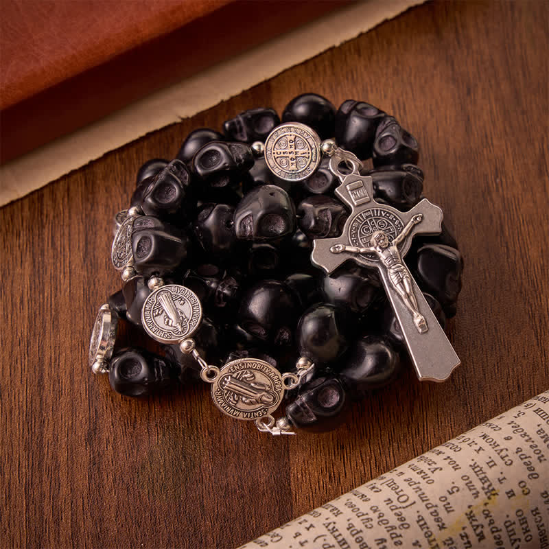 Christianartworkshop Carved Black Skull Acrylic Memento Mori Rosary with St.Benedict Medals - image 3