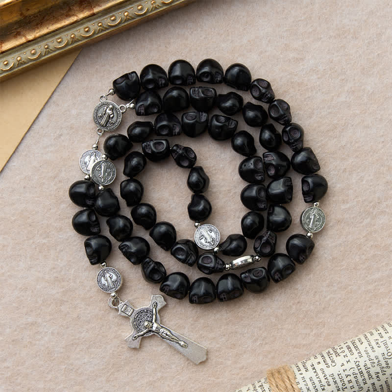 Christianartworkshop Carved Black Skull Acrylic Memento Mori Rosary with St.Benedict Medals - image 5