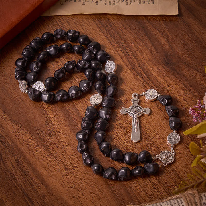 Christianartworkshop Carved Black Skull Acrylic Memento Mori Rosary with St.Benedict Medals - image 2