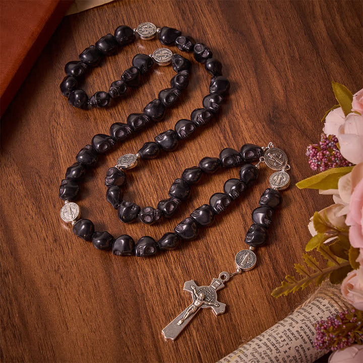 Christianartworkshop Carved Black Skull Acrylic Memento Mori Rosary with St.Benedict Medals - Memento Mori Rosary - image 0