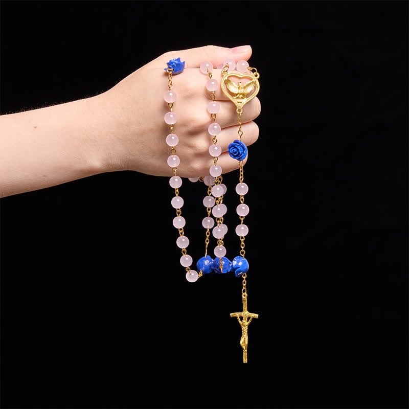 Christianartworkshop Heavenly Royal Blue Rose Pink Glass Rosary with Holy Spirit Heart & Crucifix - image 1