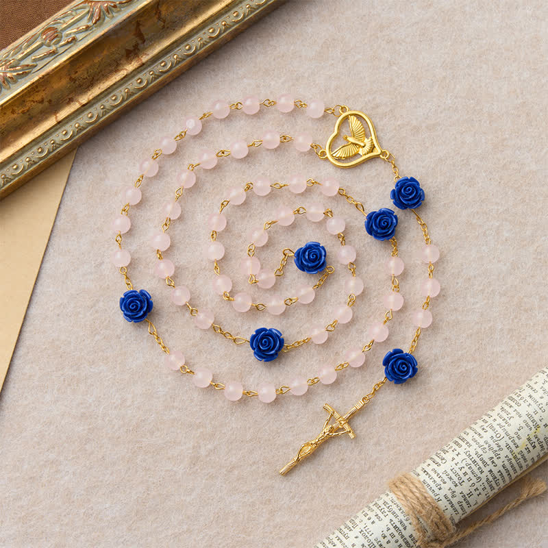 Christianartworkshop Heavenly Royal Blue Rose Pink Glass Rosary with Holy Spirit Heart & Crucifix - image 5
