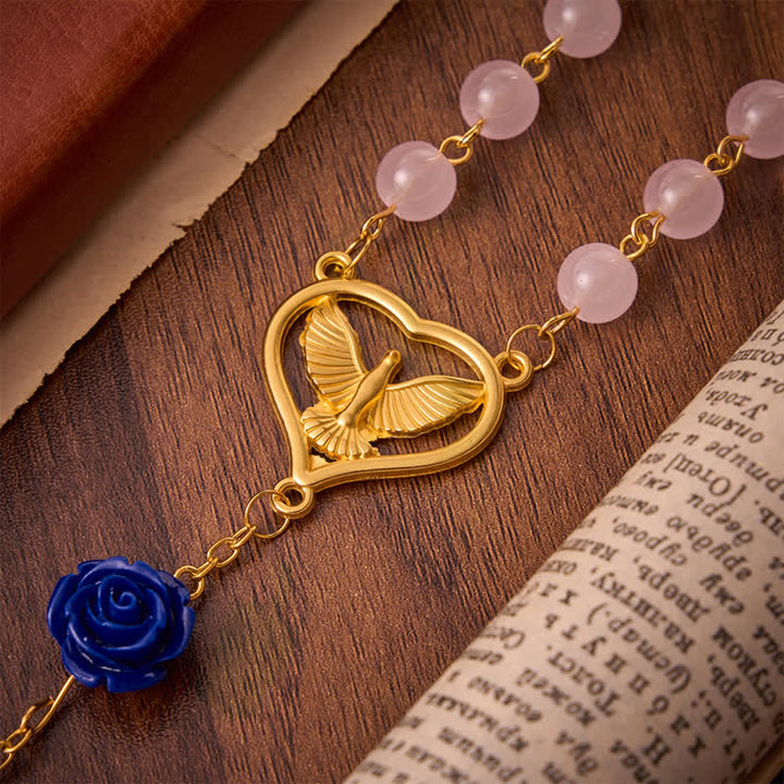 Christianartworkshop Heavenly Royal Blue Rose Pink Glass Rosary with Holy Spirit Heart & Crucifix - image 7