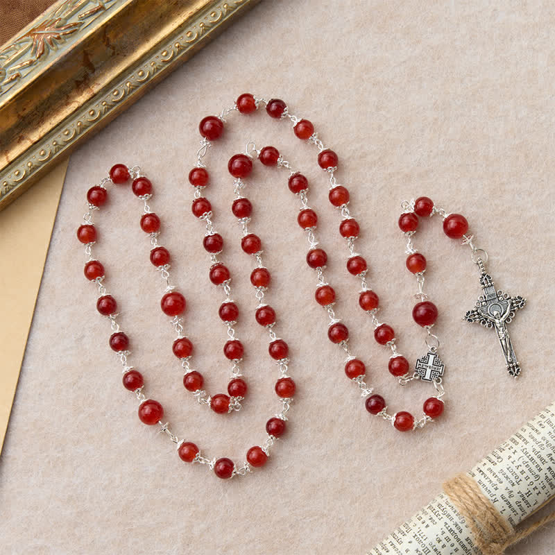 Christianartworkshop Glossy Red Glass Bead Rosary with Jerusalem Cross: Emblem of Noble Heavenly Redemption - image 3
