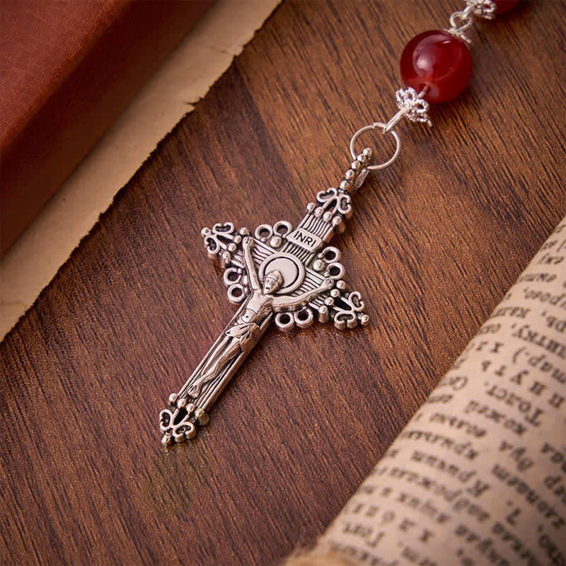 Christianartworkshop Glossy Red Glass Bead Rosary with Jerusalem Cross: Emblem of Noble Heavenly Redemption - image 8