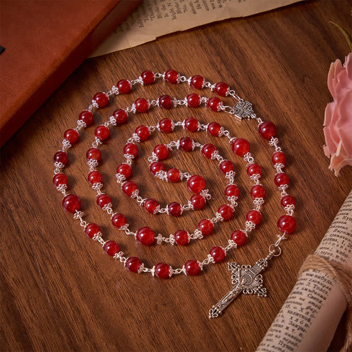 Christianartworkshop Glossy Red Glass Bead Rosary with Jerusalem Cross: Emblem of Noble Heavenly Redemption - image 2