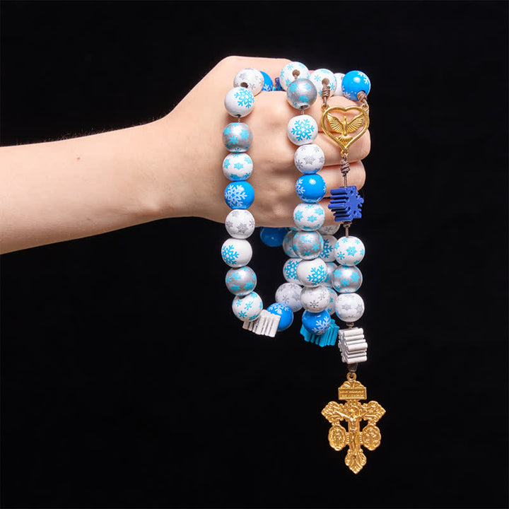 Christianartworkshop Snowflake Wooden Bead Rosary with Holy Spirit Heart Medal: Emblem of Pure Heavenly Serenity - image 1
