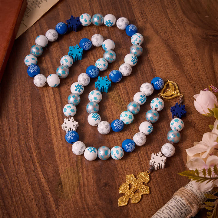 Christianartworkshop Snowflake Wooden Bead Rosary with Holy Spirit Heart Medal: Emblem of Pure Heavenly Serenity - Snowflake Wooden Bead Rosary - image 0