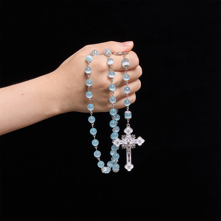 Christianartworkshop Pale Sky Cat's Eye Bead Rosary & St. Benedict Cross: Emblem of Quiet Sacred Guidance - image 1