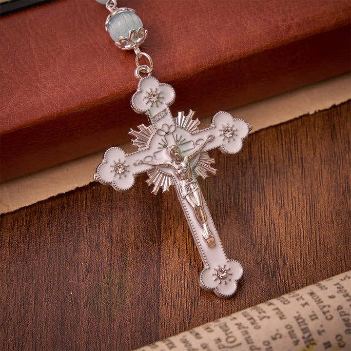 Christianartworkshop Pale Sky Cat's Eye Bead Rosary & St. Benedict Cross: Emblem of Quiet Sacred Guidance - image 8