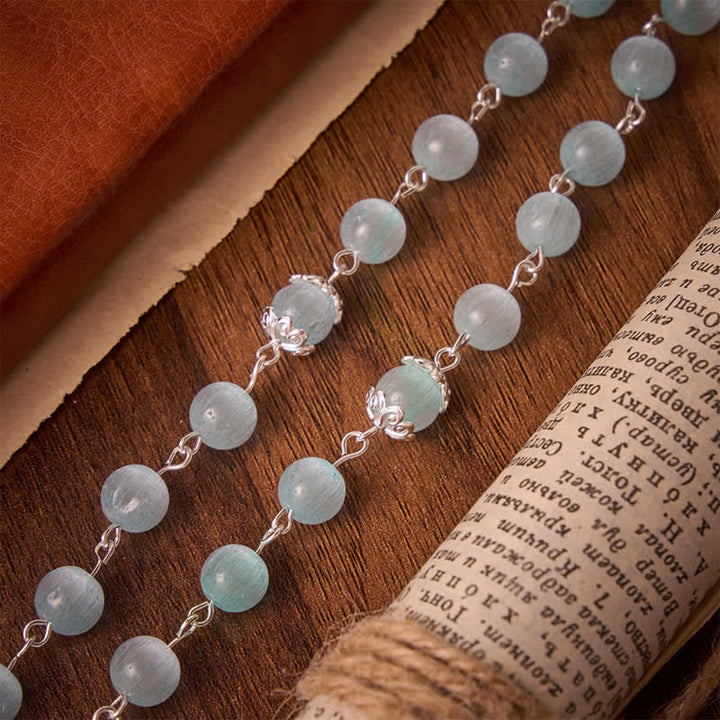 Christianartworkshop Pale Sky Cat's Eye Bead Rosary & St. Benedict Cross: Emblem of Quiet Sacred Guidance - image 7
