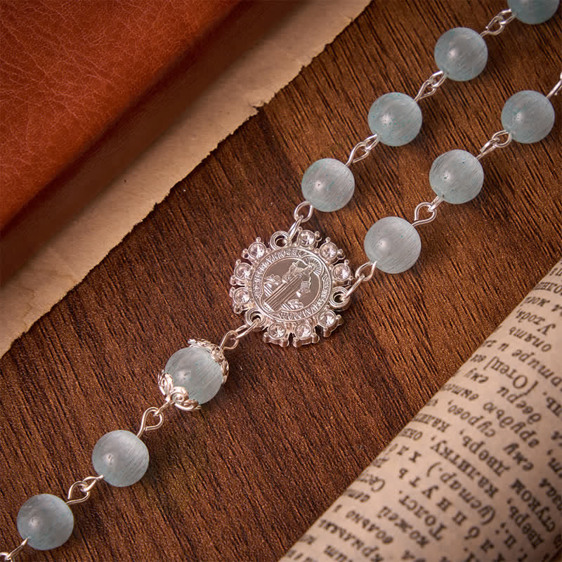 Christianartworkshop Pale Sky Cat's Eye Bead Rosary & St. Benedict Cross: Emblem of Quiet Sacred Guidance - image 6