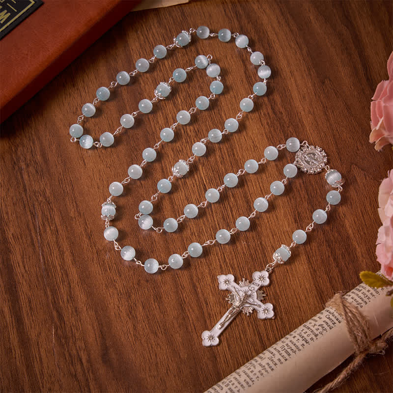 Christianartworkshop Pale Sky Cat's Eye Bead Rosary & St. Benedict Cross: Emblem of Quiet Sacred Guidance - image 2