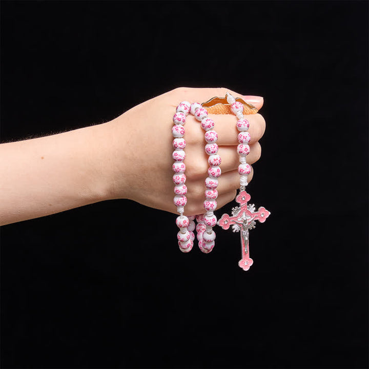 Christianartworkshop Pink Floral Porcelain Bead Rosary with Our Lady of Aparecida Medallion - image 1