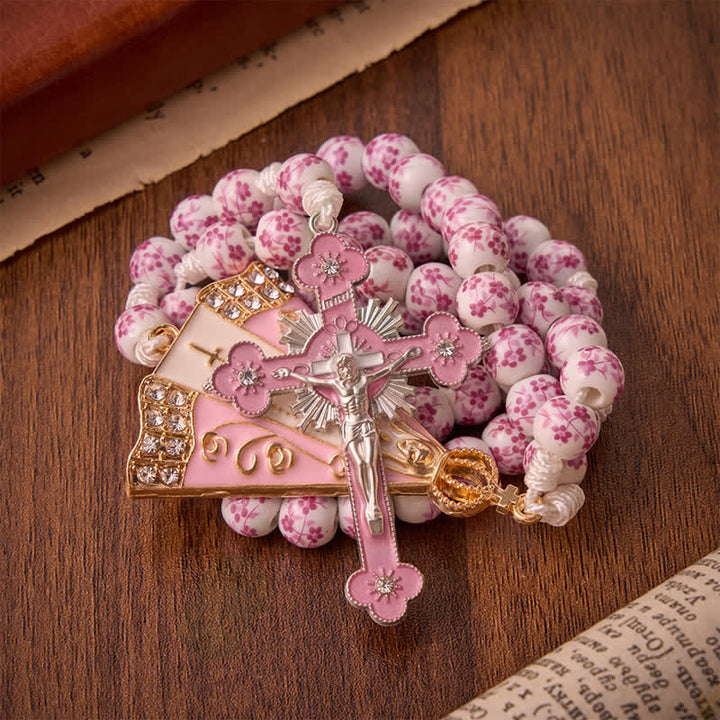 Christianartworkshop Pink Floral Porcelain Bead Rosary with Our Lady of Aparecida Medallion - image 3