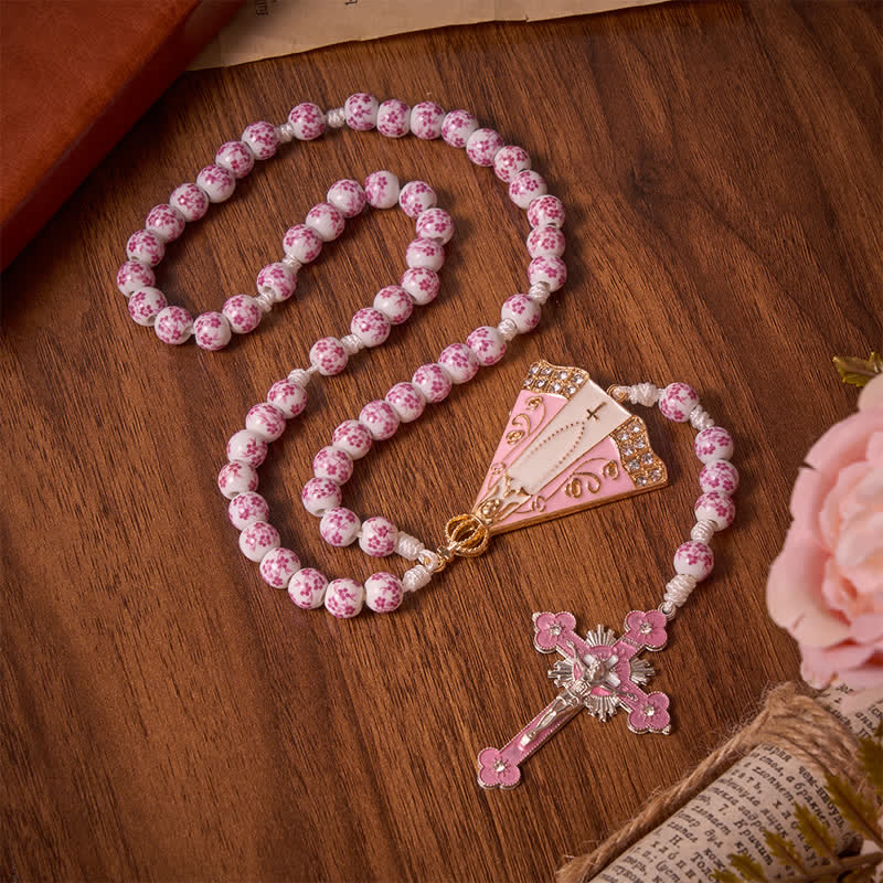 Christianartworkshop Pink Floral Porcelain Bead Rosary with Our Lady of Aparecida Medallion - Pink Floral Beads Rosary - image 0