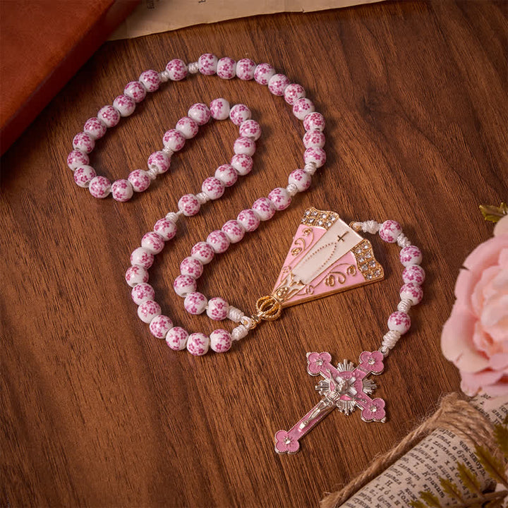 Christianartworkshop Pink Floral Porcelain Bead Rosary with Our Lady of Aparecida Medallion - Pink Floral Beads Rosary - image 0
