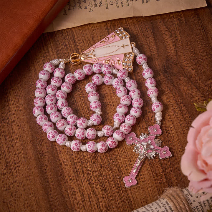 Christianartworkshop Pink Floral Porcelain Bead Rosary with Our Lady of Aparecida Medallion - image 2