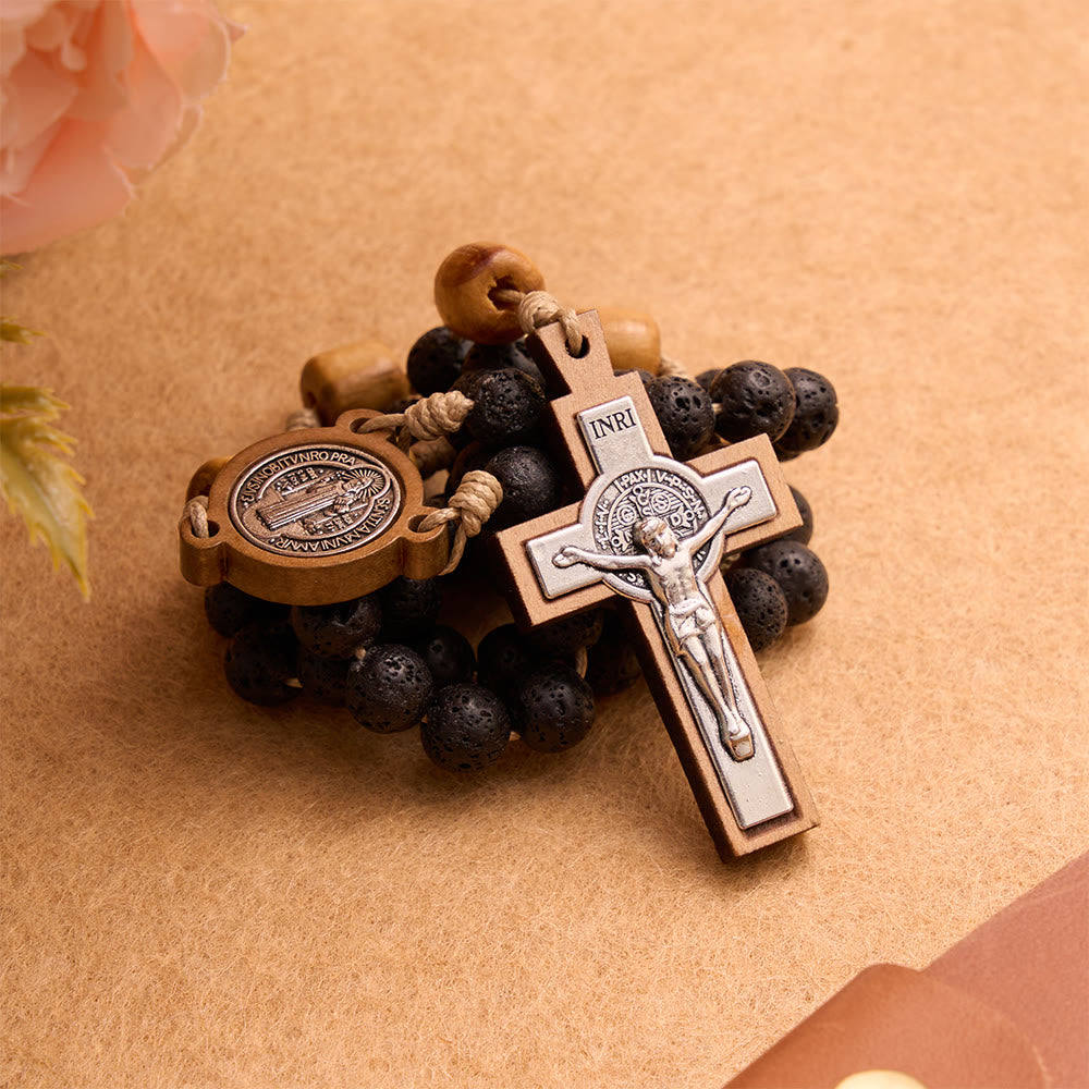Christianartworkshop Natural Durable Volcanic Stone Rosary with St. Benedict Medal & Crucifix - image 2