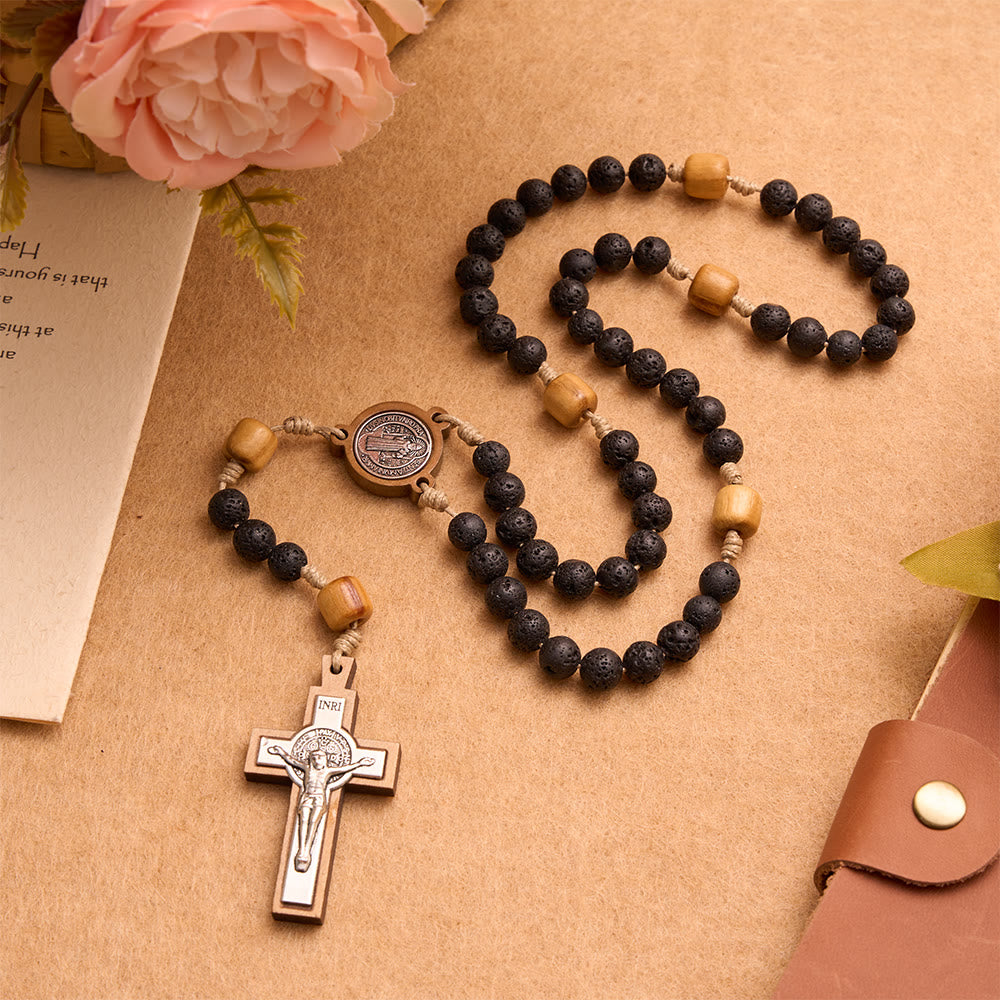 Christianartworkshop Natural Durable Volcanic Stone Rosary with St. Benedict Medal & Crucifix - image 1