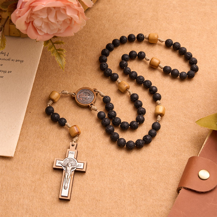 Christianartworkshop Natural Durable Volcanic Stone Rosary with St. Benedict Medal & Crucifix - image 1