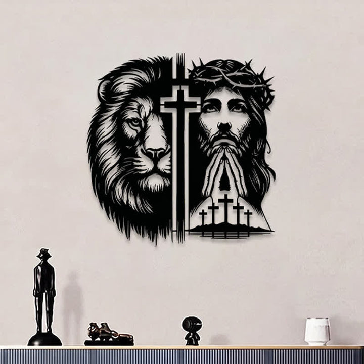 Christianartworkshop Lion Of Judah And Jesus With Crown Of Thorns Split Silhouette Metal Wall Decor - image 4