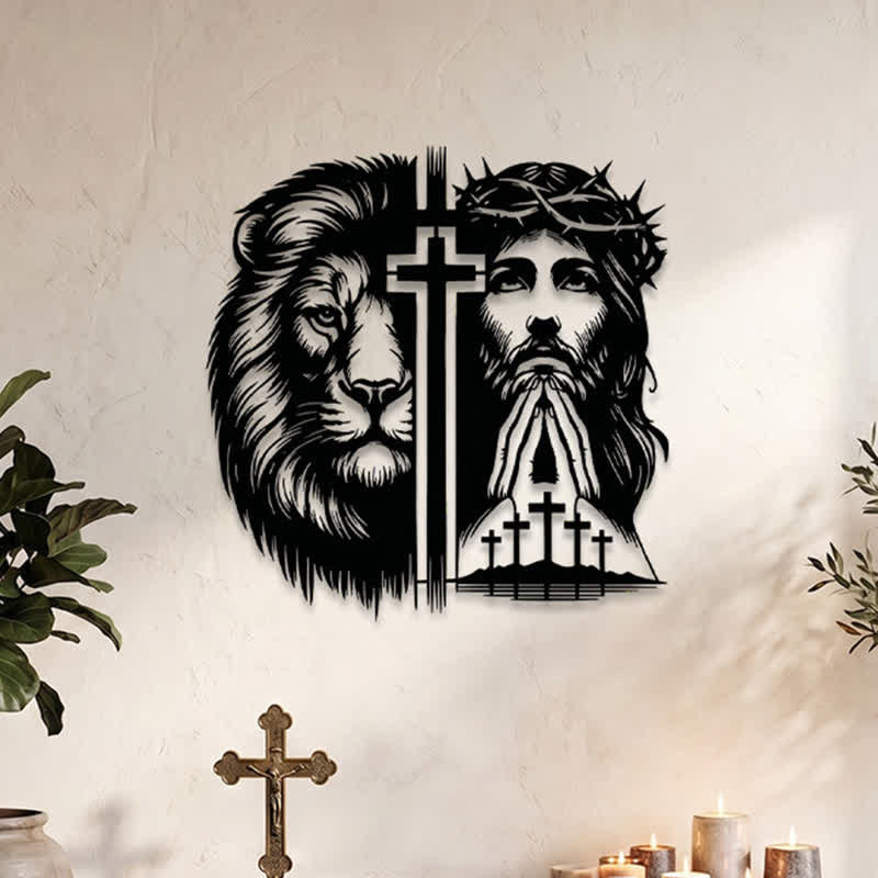 Christianartworkshop Lion Of Judah And Jesus With Crown Of Thorns Split Silhouette Metal Wall Decor - image 0