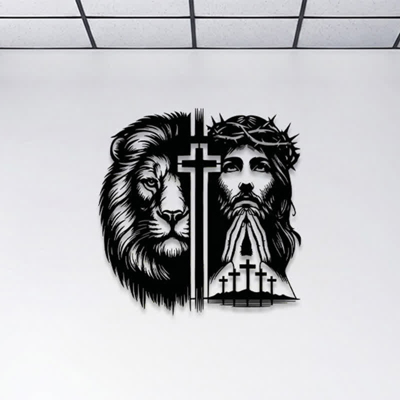 Christianartworkshop Lion Of Judah And Jesus With Crown Of Thorns Split Silhouette Metal Wall Decor - image 3