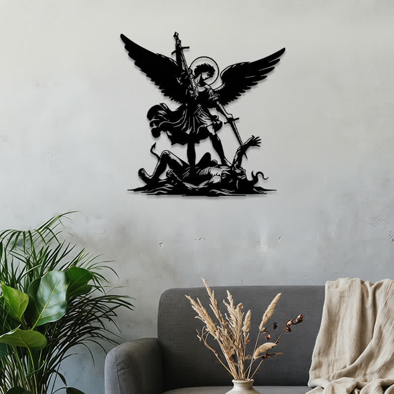 Christianartworkshop St. Michael Archangel Defeating Evil Silhouette Metal Wall Decor: Timeless Emblem of Sacred Spiritual Victory - image 0
