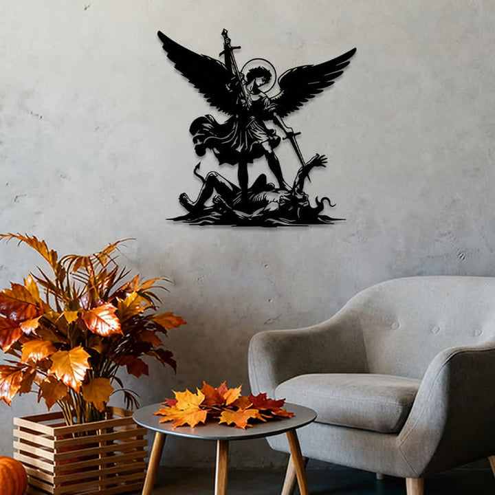 Christianartworkshop St. Michael Archangel Defeating Evil Silhouette Metal Wall Decor: Timeless Emblem of Sacred Spiritual Victory - image 3