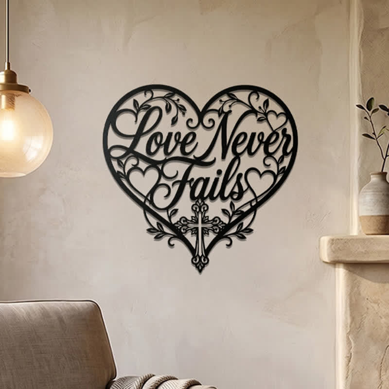 Christianartworkshop Floral Heart Cursive Love Never Fails Cross Metal Wall Decor: Timeless Emblem of Sacred Redemptive Grace - image 0