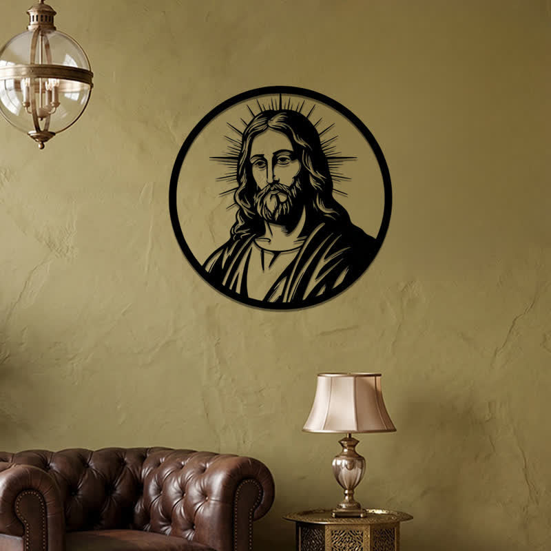 Christianartworkshop Circular Border Radiant Halo Jesus Portrait Metal Wall Decor: Timeless Emblem of Sacred Redemptive Grace - image 3