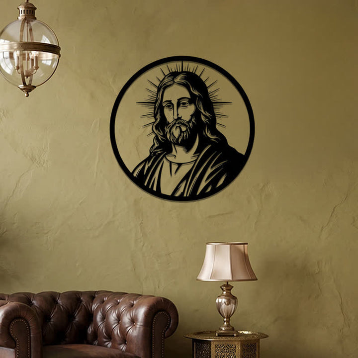 Christianartworkshop Circular Border Radiant Halo Jesus Portrait Metal Wall Decor: Timeless Emblem of Sacred Redemptive Grace - image 3