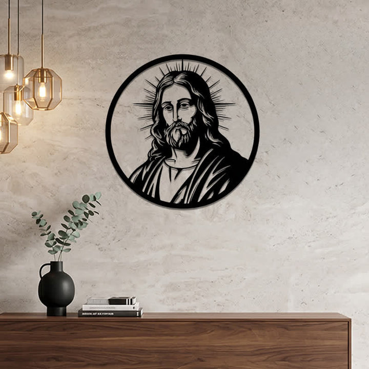 Christianartworkshop Circular Border Radiant Halo Jesus Portrait Metal Wall Decor: Timeless Emblem of Sacred Redemptive Grace - image 4