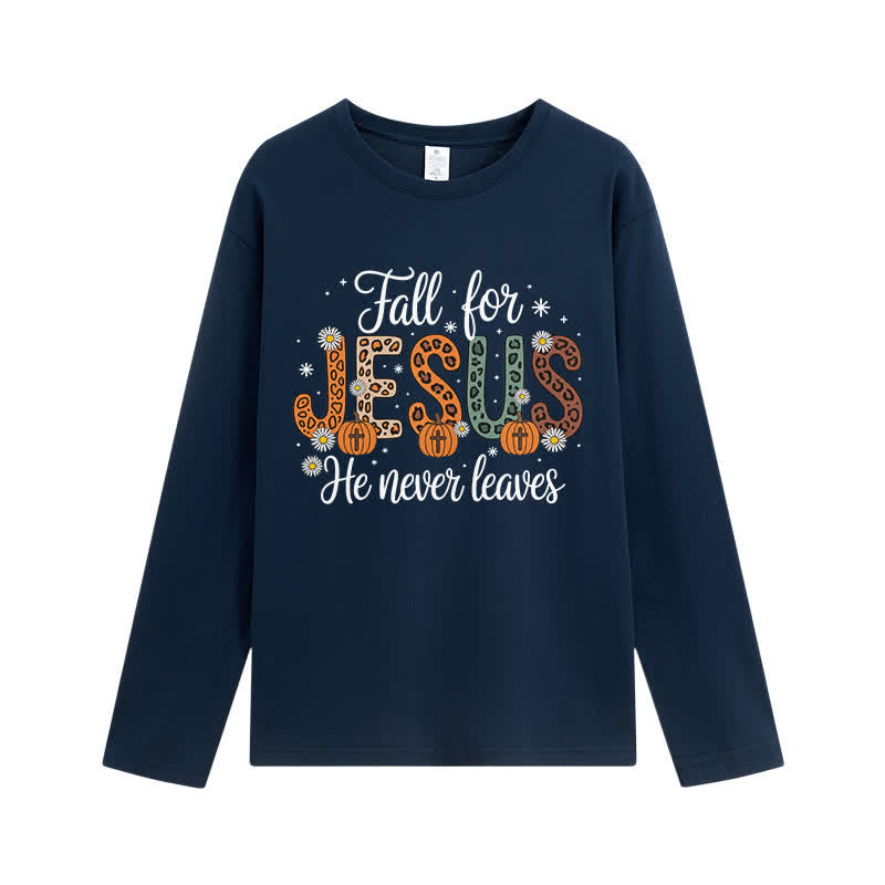 Christianartworkshop Fall For Jesus He Never Leaves Graphic Long Sleeve T-Shirt - Navy - 4XL - image 11