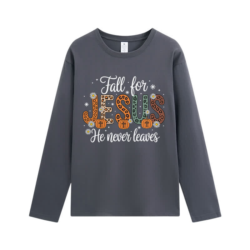 Christianartworkshop Fall For Jesus He Never Leaves Graphic Long Sleeve T-Shirt - Grey - 4XL - image 7
