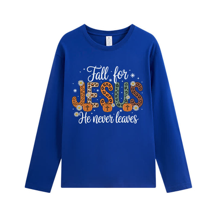 Christianartworkshop Fall For Jesus He Never Leaves Graphic Long Sleeve T-Shirt - Royal Blue - 4XL - image 9