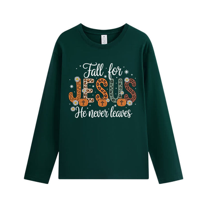 Christianartworkshop Fall For Jesus He Never Leaves Graphic Long Sleeve T-Shirt - Dark Green - 4XL - image 4