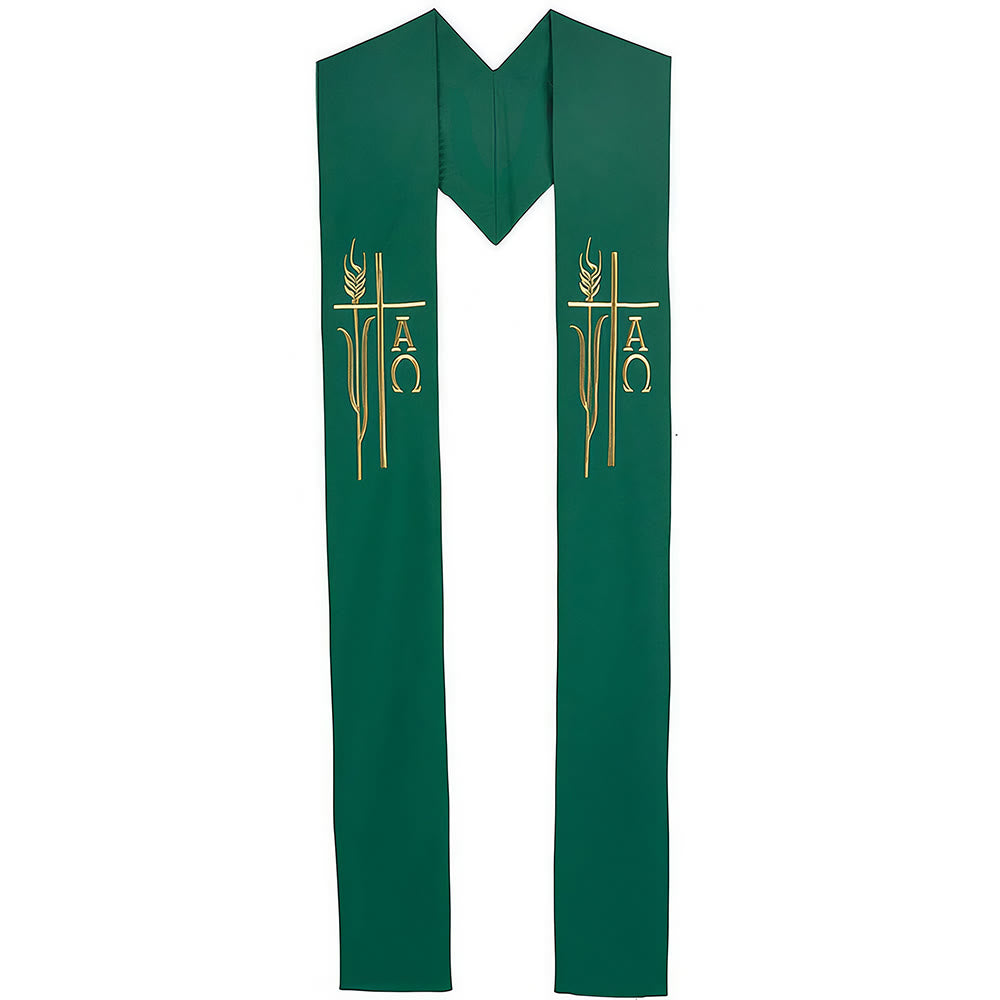 Christianartworkshop Sacred Green Clergy Stole with Gold Cross, Wheat & Alpha Omega Details - Green - Standard Liturgical (270cm Total) - image 0