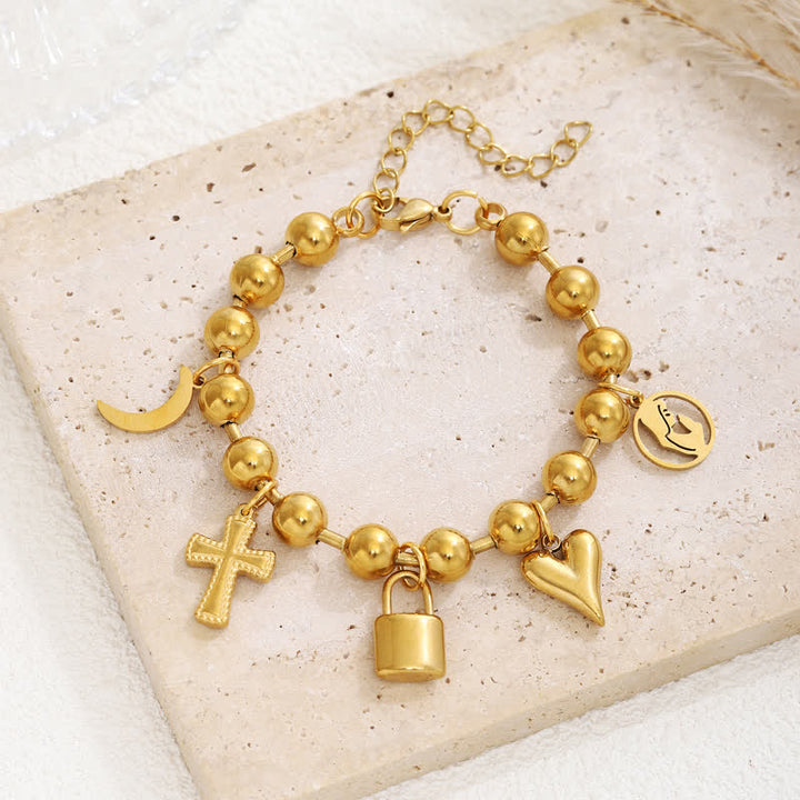 Christianartworkshop Multi-Charm Beaded Cross Bracelet: Token of Tender Heavenly Devotion - Golden - image 0