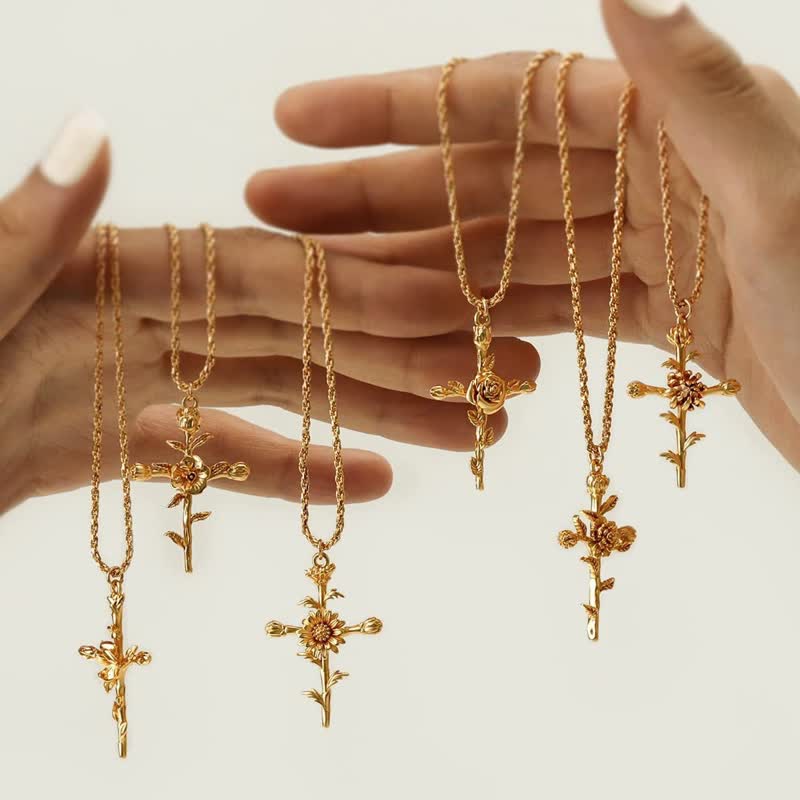 Christianartworkshop Polished Zinc Alloy Birth Flower Cross Necklace: Icon of Warm Heavenly Blessing - image 0