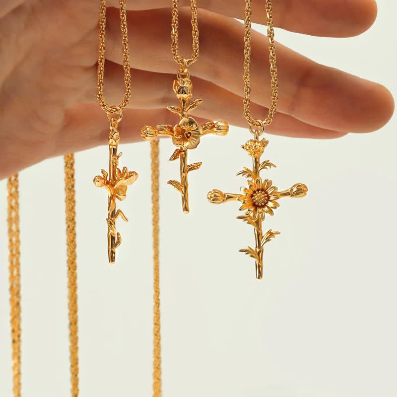 Christianartworkshop Polished Zinc Alloy Birth Flower Cross Necklace: Icon of Warm Heavenly Blessing - image 1